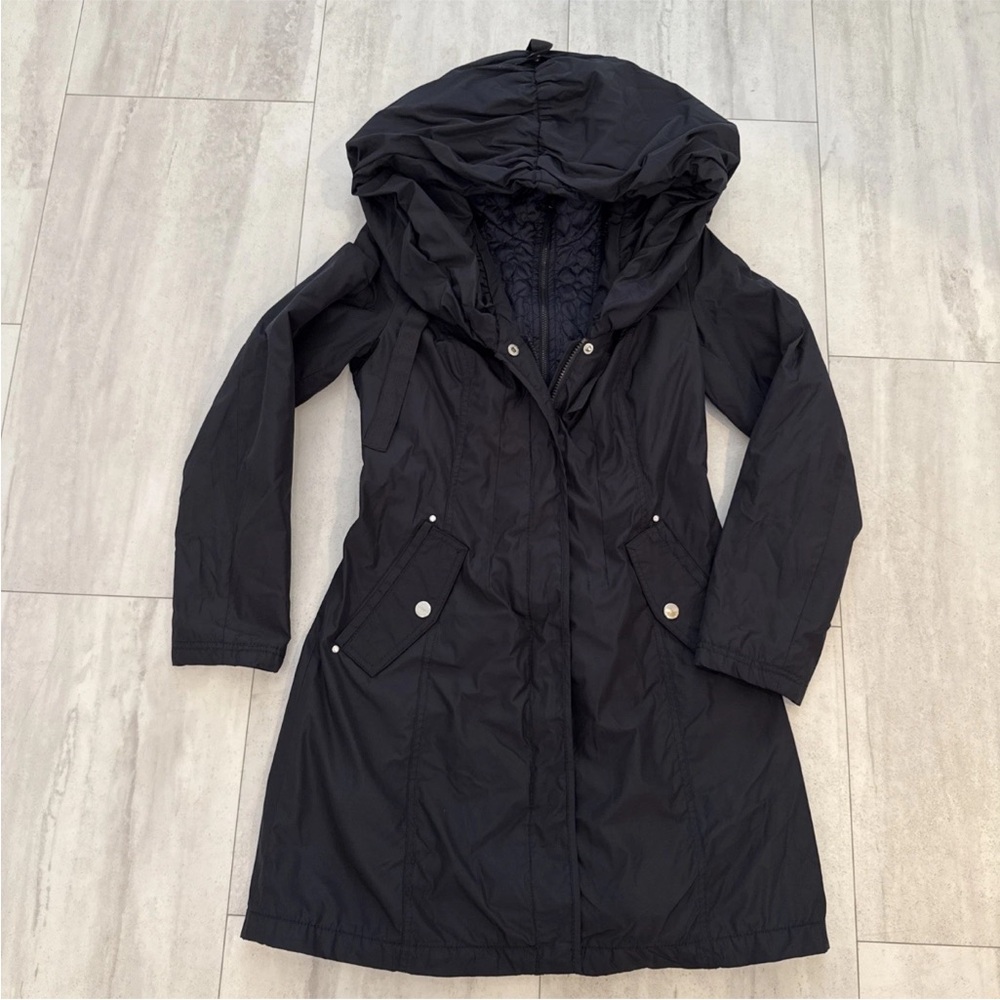 Laundry Shelli Segal Black Warm Zip Neck Hood Rain Windbreaker Trench Jacket PP - Picture 7 of 7